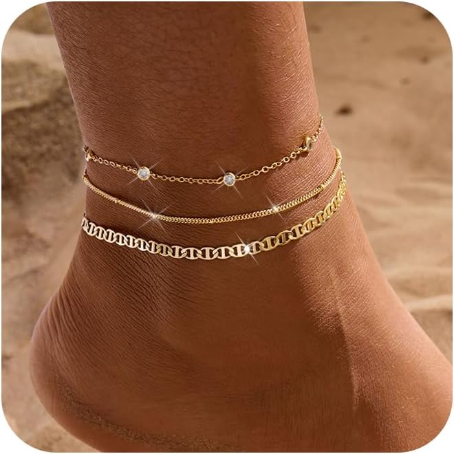 MFRYK Gold Ankle Bracelets for women,14k Gold/Silver Plated Waterproof Layered lightweight Cuban Link Figaro Chain Heart anklet butterfly anklet Pearl Ankle Bracelets Set Gold Anklets for women Trendy Jewelry Gift for Women - Image 1